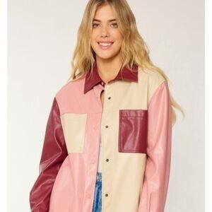 Colorblock Faux Leather  Shirt Jacket Shacket 90s 70s Snap button Y2K M
